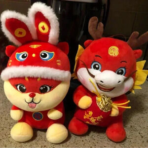 Lot 2 Lunar New Year Plush Red Dragon and rabbit. No tags.
